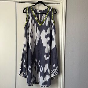 Uncle Frank Womens Grey White Ikat Print Sleeveless V-Neck Dress Neon Trim Large